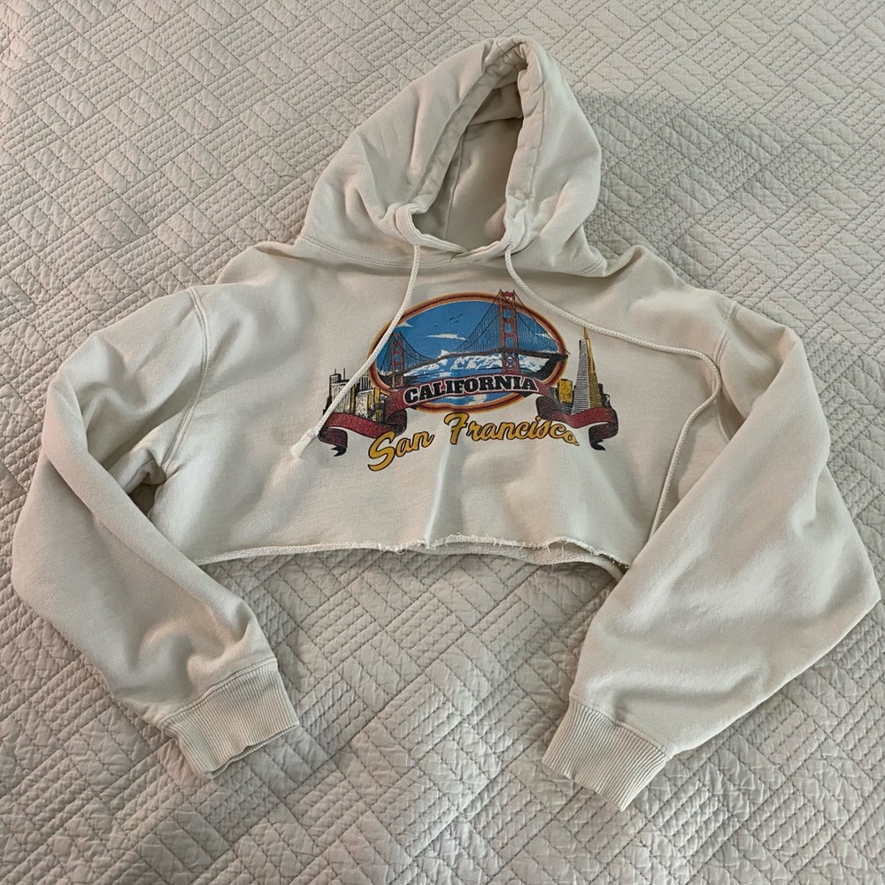 PacSun John Galt San Francisco California Cream Cropped Hoodie
